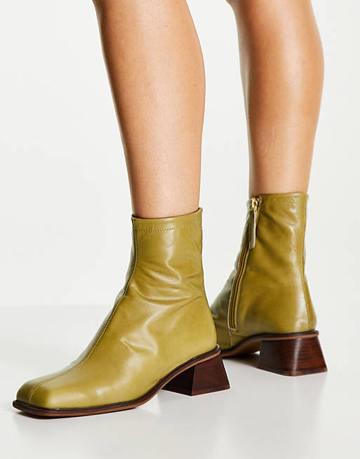 Rebecca Premium Leather Square Toe Boots In Khaki