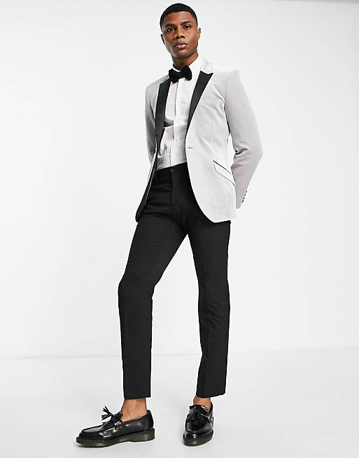 Super Skinny Velvet Blazer With Contrast Lapel In Silver