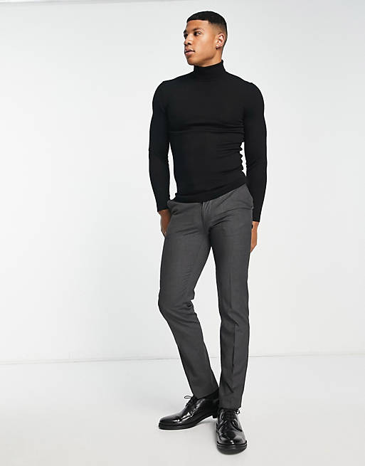 Muscle Fit Premium Merino Wool Roll Neck Jumper In Black