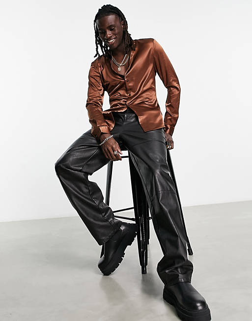 Skinny Satin Shirt in Dark Brown