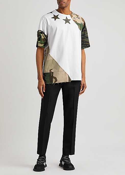 White Camouflage-Panelled Cotton-Blend T-Shirt