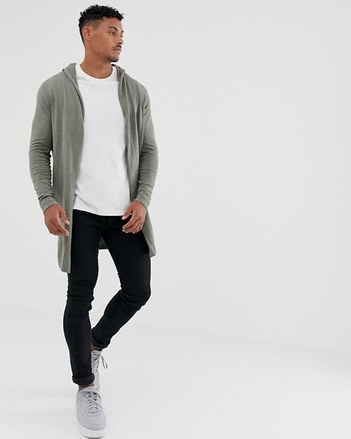 Hooded Open Cardigan With Curved Hem In Khaki