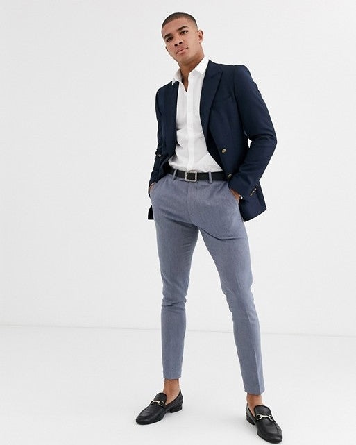 Skinny Double Breasted Blazer with Gold Button in Navy