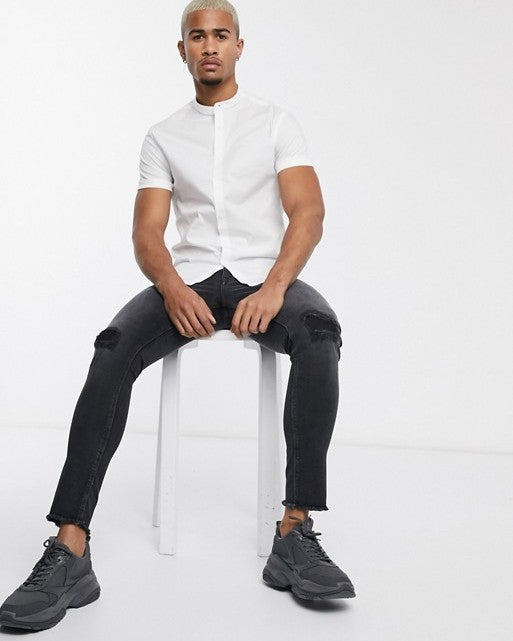 Poplin Skinny Shirt in White with Grandad Collar