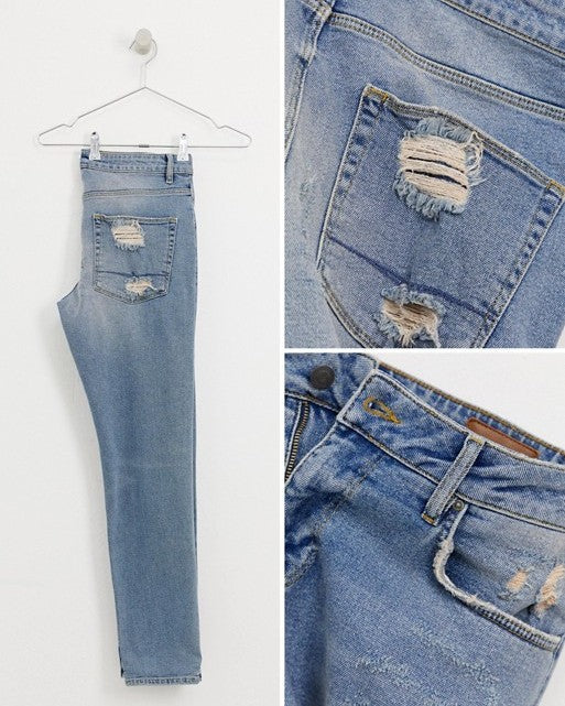 Slim Jeans in Vintage Light Wash Blue with Heavy Rips