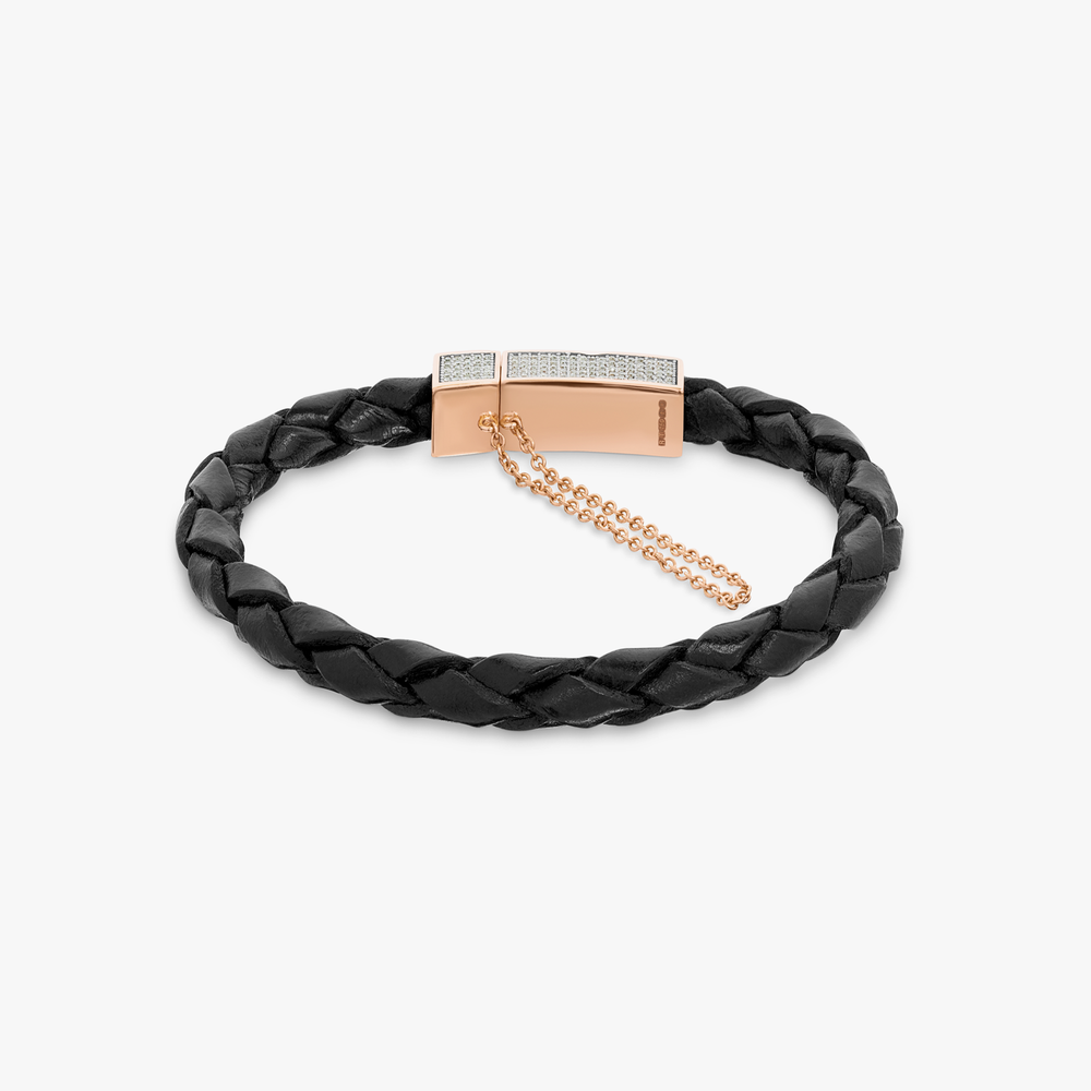 Bracelet In Black Leather With 18k Rose Gold And Diamond
