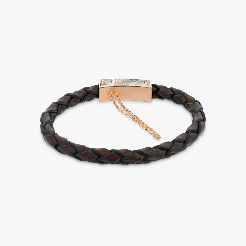 Bracelet In Brown Leather With 18k Rose Gold And Diamond
