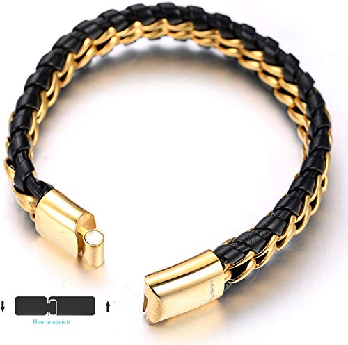Men's Genuine Leather Titanium Bracelet Black & Golden 8.46"