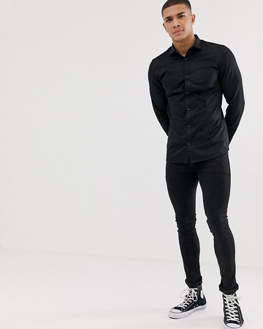 Premium Super Slim Fit Stretch Smart Shirt in Black