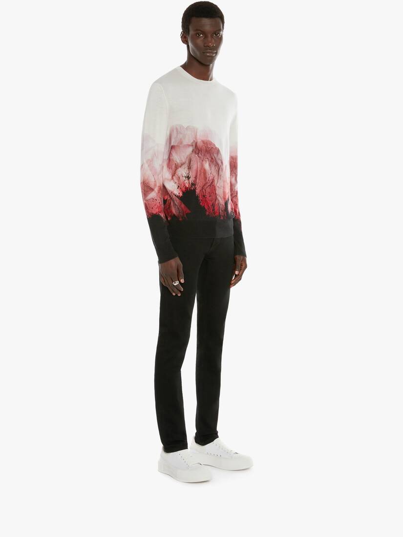 Men's Flower Print Crew Neck Jumper in Ivory/Pink