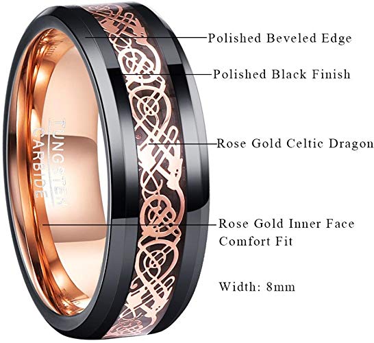 Ladies/Mens Tungsten Carbide Ring with Rose Gold Celtic Dragon Engraved