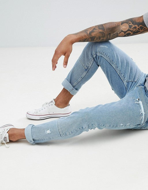 Skinny Jeans in Light Wash Blue Cut and Sew Panelling