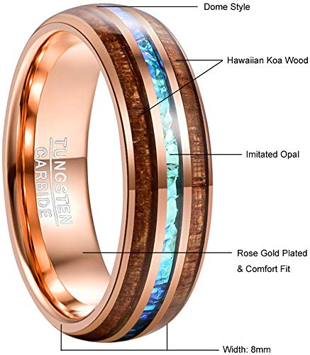 Hawaiian Koa Wood and Imitated Opal Inlay Tungsten Carbide Rings Rose Gold