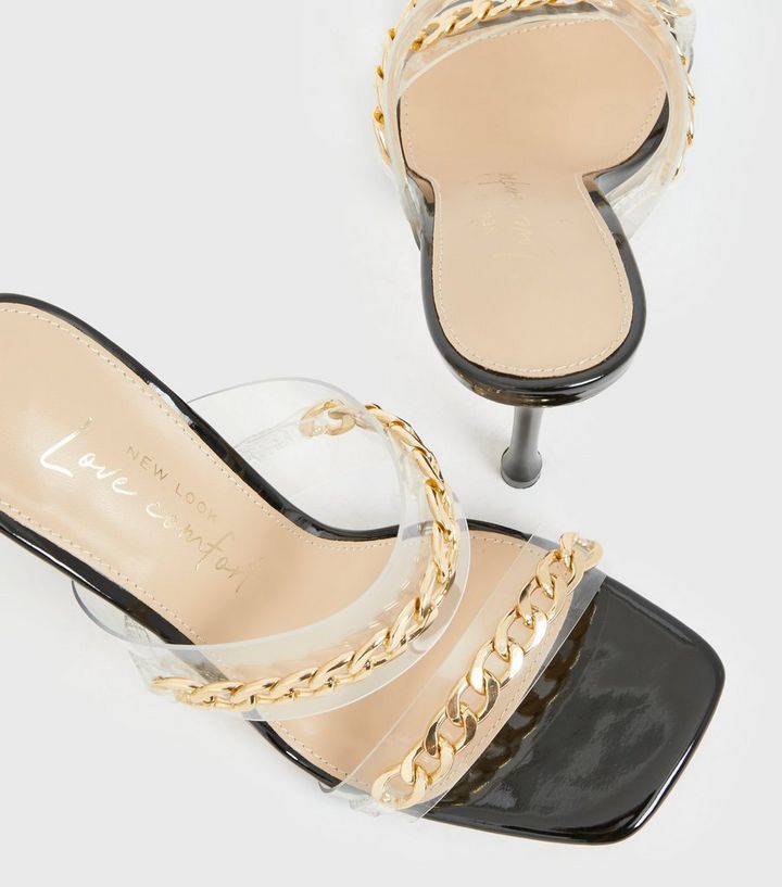 Black Clear Chain Strap Stiletto Heel Mules
