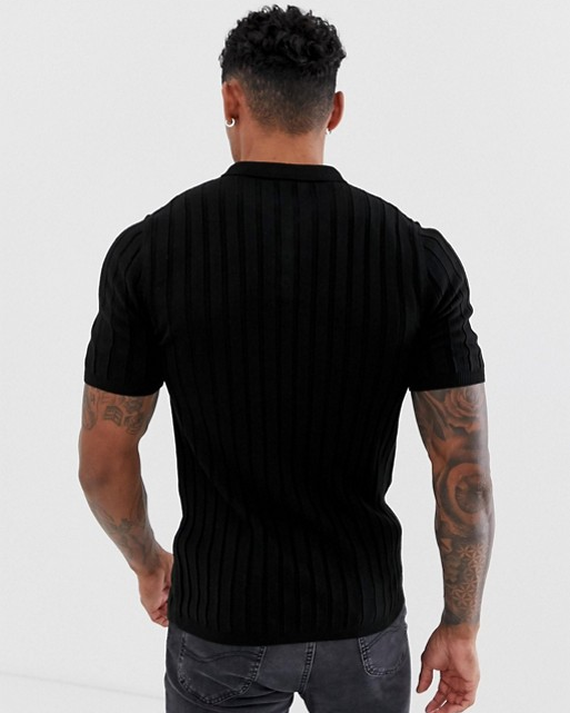 Knitted Ribbed Polo Shirt in Black