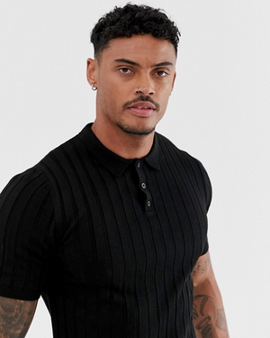 Knitted Ribbed Polo Shirt in Black