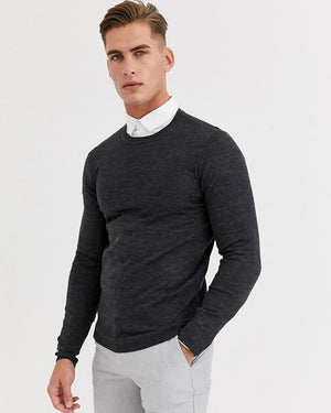 Knitted Muscle Fit Crew Neck Jumper in Charcoal