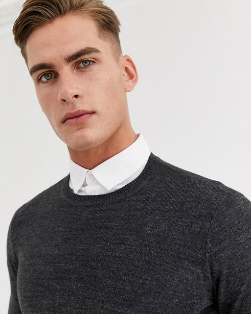 Knitted Muscle Fit Crew Neck Jumper in Charcoal