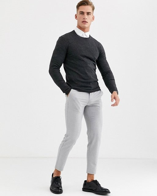 Knitted Muscle Fit Crew Neck Jumper in Charcoal