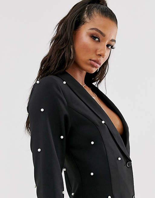 Pearl Embellished Blazer Dress In Black