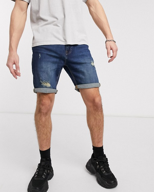 Pull&Bear Denim Shorts with Abrasions in Dark Blue