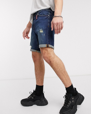 Pull&Bear Denim Shorts with Abrasions in Dark Blue