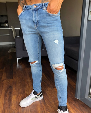 Spray on 'Vintage Look' Jeans with Power Stretch in Mid Wash Blue with Knee Rips