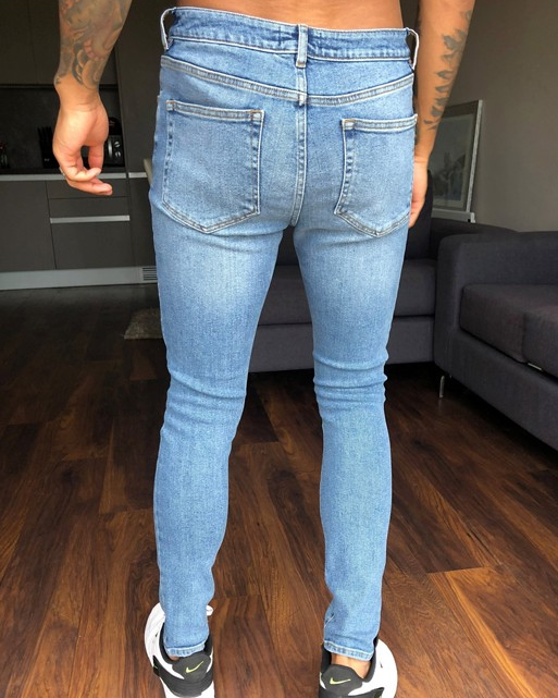 Spray on 'Vintage Look' Jeans with Power Stretch in Mid Wash Blue with Knee Rips