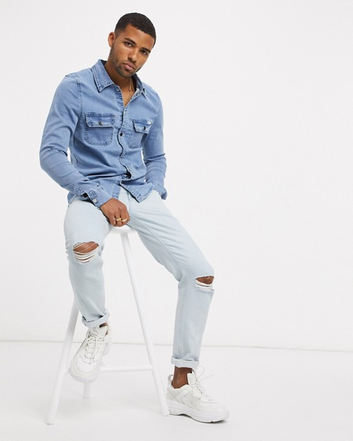 Liquor N Poker Muscle Fit Denim Shirt in Blue