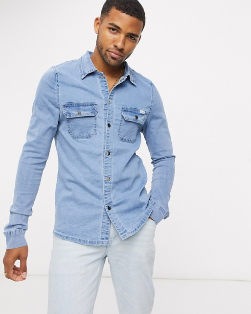 Liquor N Poker Muscle Fit Denim Shirt in Blue