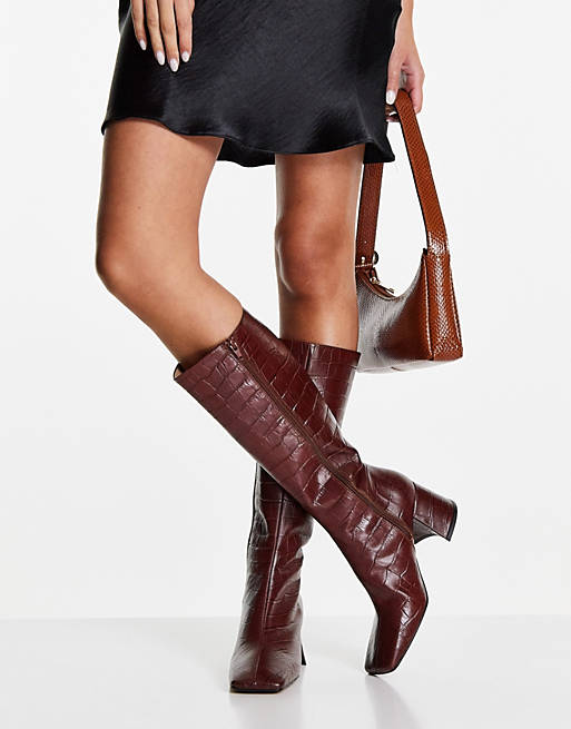 Leather Mid Knee High Boot In Tan