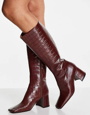 Leather Mid Knee High Boot In Tan