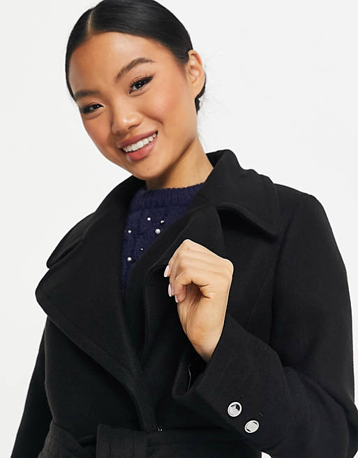 Wrap Tie Smart Midi Formal Coat In Black