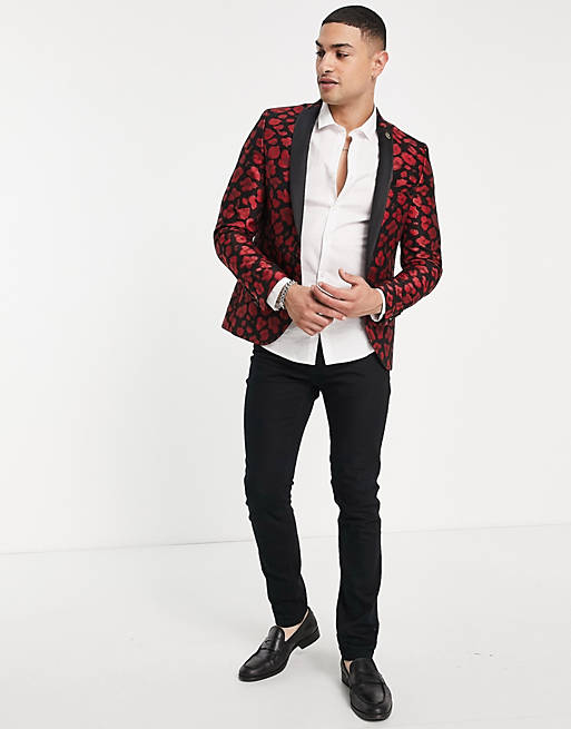 Blazer In Black With Red Leopard Jacquard