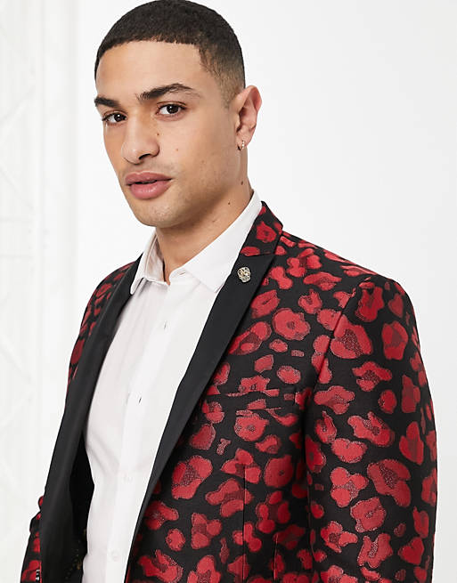 Blazer In Black With Red Leopard Jacquard