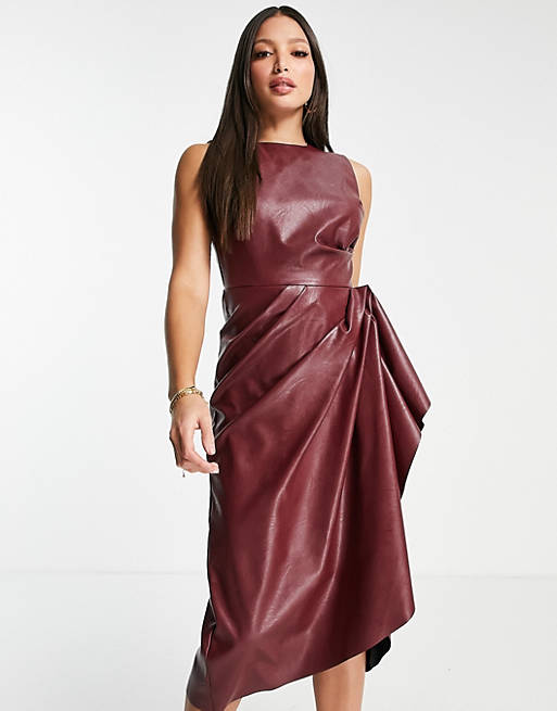 High Neck Pu Midi Dress With Tuck Detail Skirt