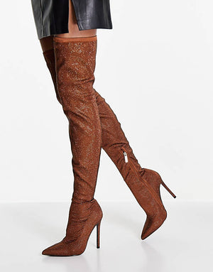 Kamila Embellished Over The Knee Boots In Copper