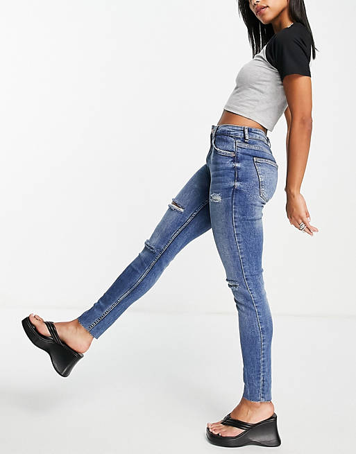 High Waist Skinny Jeans With Rip Detail In Medium Stone