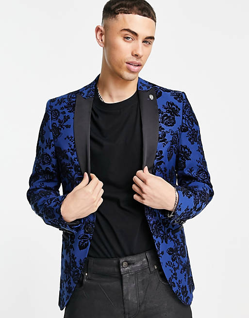 Jackalope Skinny Suit Jacket in Blue with Navy Flocking