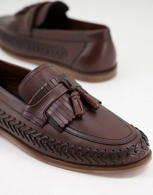 Woven Tassel Loafers In Brown Leather