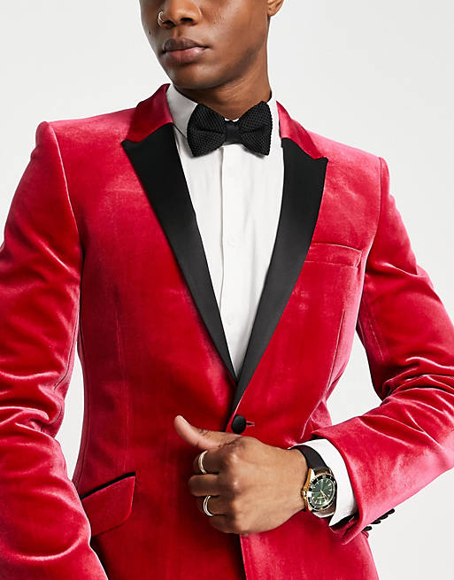 Super Skinny Velvet Blazer With Contrast Lapel In Raspberry Red