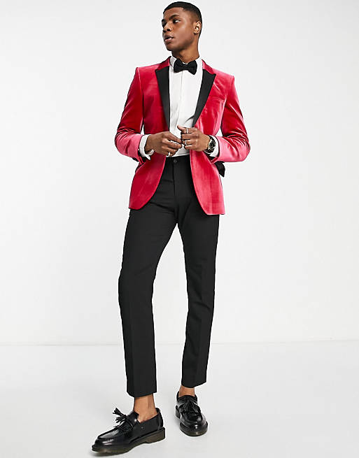 Super Skinny Velvet Blazer With Contrast Lapel In Raspberry Red