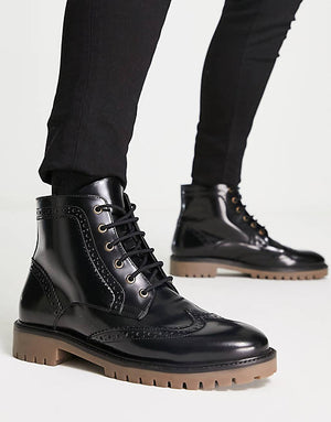 Brogue Lace Up Boot In Black Polished Leather With Contrast Sole