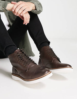 Lace Up Boot In Brown Leather With White Wedge Sole