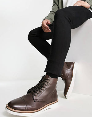 Lace Up Boot In Brown Leather With White Wedge Sole