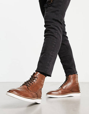 Lace Up Brogue Boot In Tan Leather With Contrast White Sole