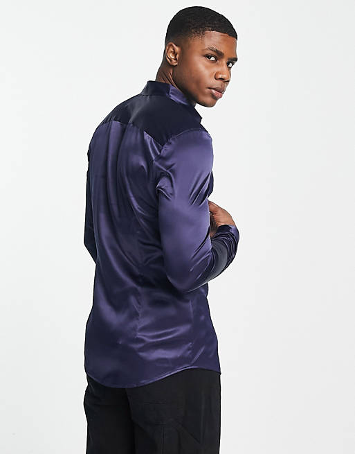 Skinny Satin Shirt in Navy