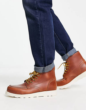 Leather Mock Toe Lace Up Boots In Tan
