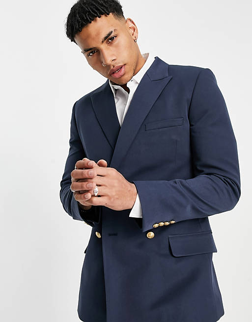 Wedding Skinny Double Breasted Blazer In Navy