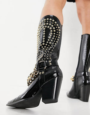 Knee High Boots With Chain And Stud Detailing In Black